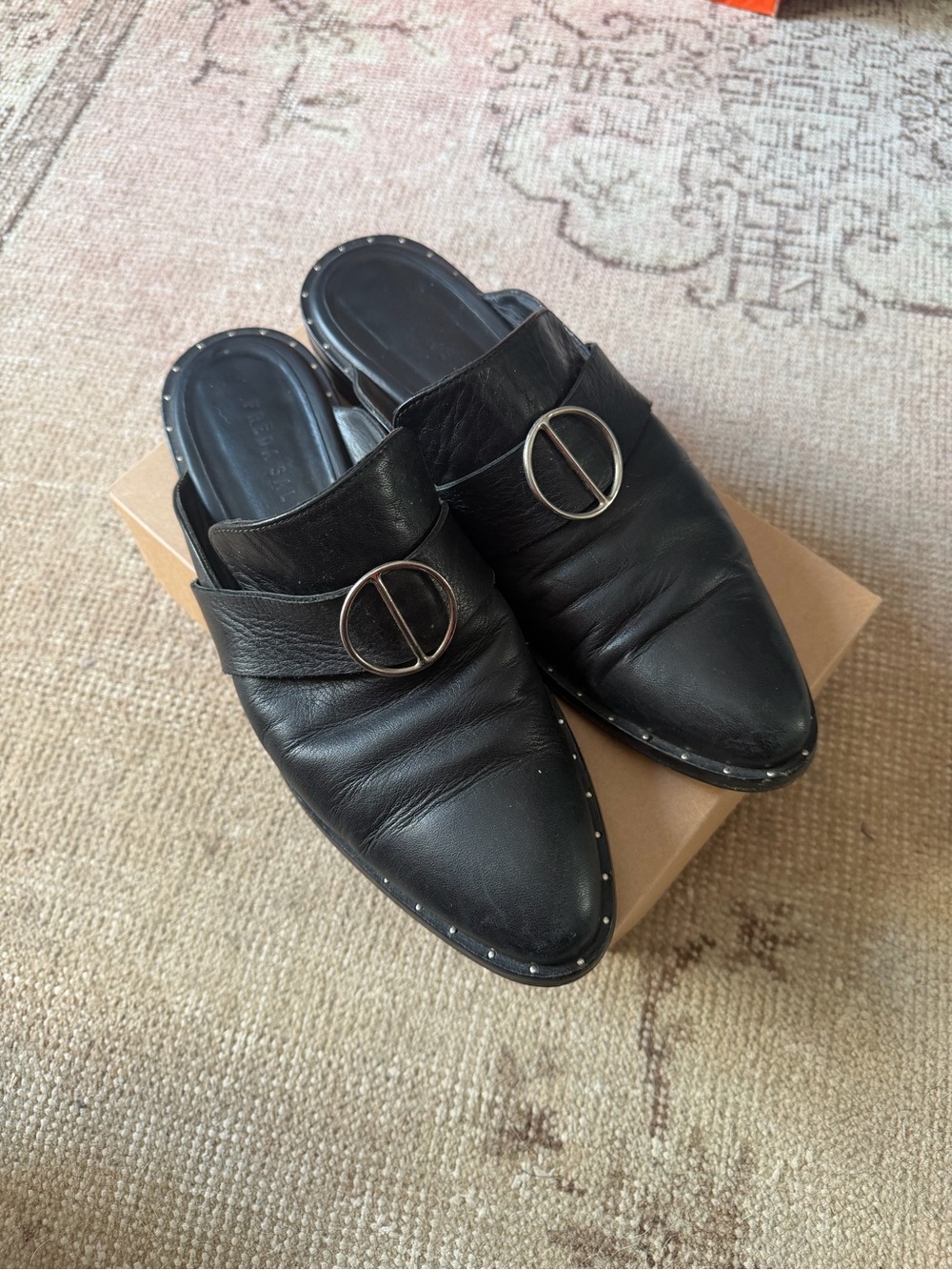 Freda Salvador Black Leather Mule with Silver Accents